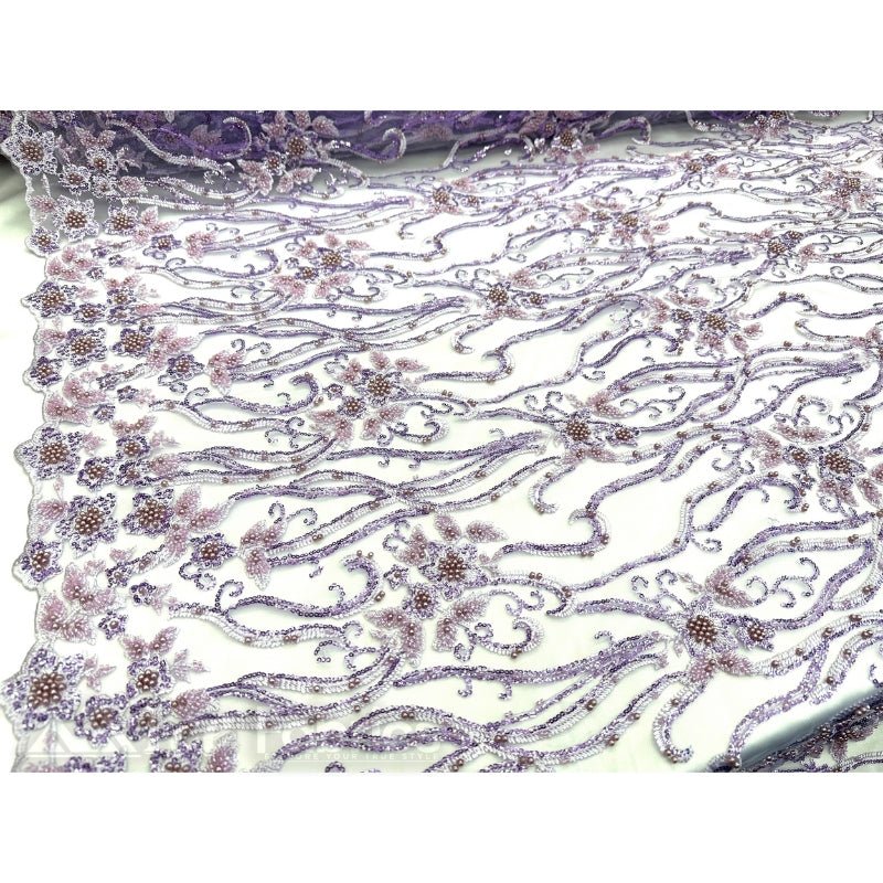 Floral Beaded Lace Fabric By The Yard Embroidered FabricICE FABRICSICE FABRICSLavenderBy The Yard (49" Wide)Floral Beaded Lace Fabric By The Yard Embroidered Fabric ICE FABRICS Lavender
