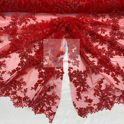 Floral Embroidered Bridal Beaded Mesh Lace Fabric For Prom DressICEFABRICICE FABRICSRed1Floral Embroidered Bridal Beaded Mesh Lace Fabric For Prom Dress ICEFABRIC Red