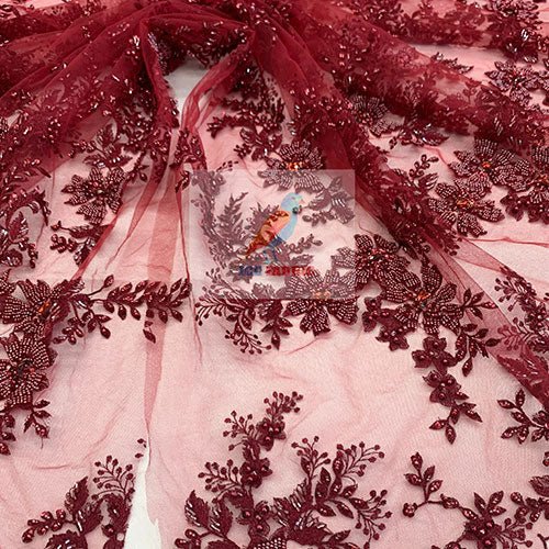 Floral Embroidered Bridal Beaded Mesh Lace Fabric For Prom DressICEFABRICICE FABRICSBurgundy1Floral Embroidered Bridal Beaded Mesh Lace Fabric For Prom Dress ICEFABRIC Burgundy