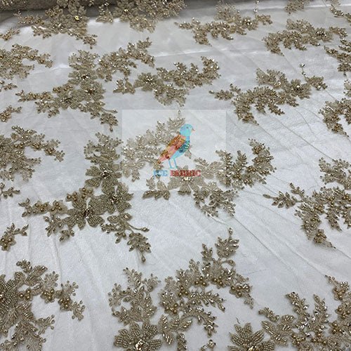 Floral Embroidered Bridal Beaded Mesh Lace Fabric For Prom DressICEFABRICICE FABRICSChampagne1Floral Embroidered Bridal Beaded Mesh Lace Fabric For Prom Dress ICEFABRIC Champagne