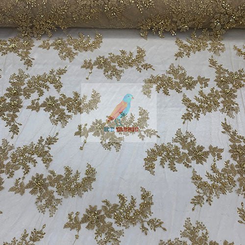 Floral Embroidered Bridal Beaded Mesh Lace Fabric For Prom DressICEFABRICICE FABRICSWhite1Floral Embroidered Bridal Beaded Mesh Lace Fabric For Prom Dress ICEFABRIC Gold