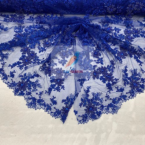 Floral Embroidered Bridal Beaded Mesh Lace Fabric For Prom DressICEFABRICICE FABRICSRoyal Blue1Floral Embroidered Bridal Beaded Mesh Lace Fabric For Prom Dress ICEFABRIC Royal Blue
