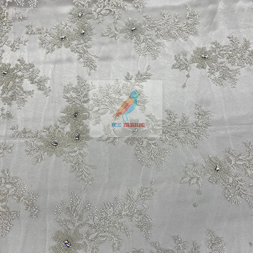 Floral Embroidered Bridal Beaded Mesh Lace Fabric For Prom DressICEFABRICICE FABRICSIvory5Floral Embroidered Bridal Beaded Mesh Lace Fabric For Prom Dress ICEFABRIC Ivory