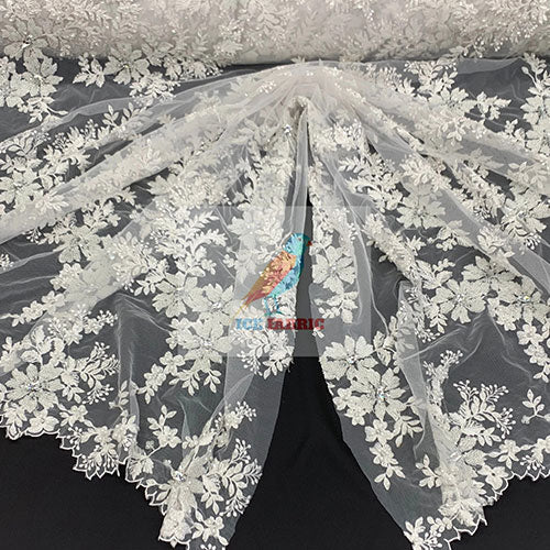 Floral Embroidered Bridal Beaded Mesh Lace Fabric For Prom DressICEFABRICICE FABRICSWhite1Floral Embroidered Bridal Beaded Mesh Lace Fabric For Prom Dress ICEFABRIC White