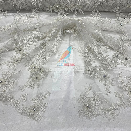 Floral Embroidered Bridal Beaded Mesh Lace Fabric For Prom Dress