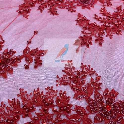 Floral Embroidered Bridal Beaded Mesh Lace Fabric For Prom DressICEFABRICICE FABRICSRed1Floral Embroidered Bridal Beaded Mesh Lace Fabric For Prom Dress ICEFABRIC Red