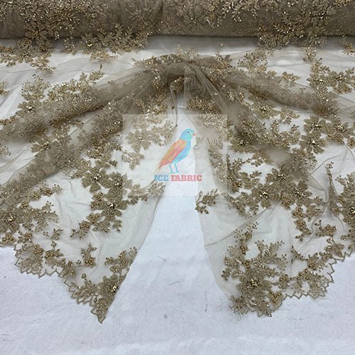 ICEFABRIC Floral Embroidered Bridal Beaded Mesh Lace for Prom Dress - IceFabrics Champagne / 10