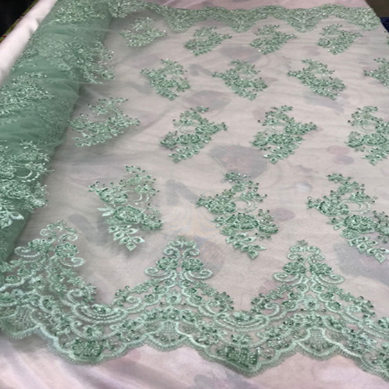 Floral Embroidered Bridal Wedding Beaded Mesh Lace FabricICEFABRICICE FABRICSMintFloral Embroidered Bridal Wedding Beaded Mesh Lace Fabric ICEFABRIC Mint
