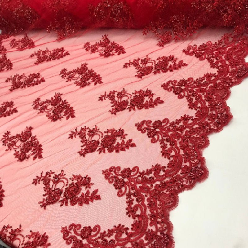 Floral Embroidered Bridal Wedding Beaded Mesh Lace FabricICEFABRICICE FABRICSRoyal BlueFloral Embroidered Bridal Wedding Beaded Mesh Lace Fabric ICEFABRIC Red