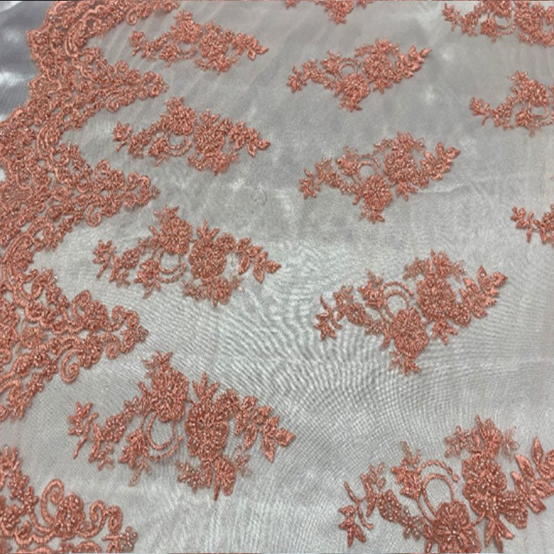 Floral Embroidered Bridal Wedding Beaded Mesh Lace FabricICEFABRICICE FABRICSCoralFloral Embroidered Bridal Wedding Beaded Mesh Lace Fabric ICEFABRIC Coral
