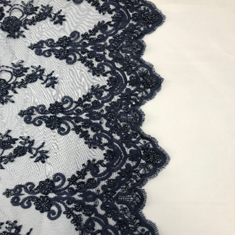 Floral Embroidered Bridal Wedding Beaded Mesh Lace FabricICEFABRICICE FABRICSBlushFloral Embroidered Bridal Wedding Beaded Mesh Lace Fabric ICEFABRIC Navy Blue