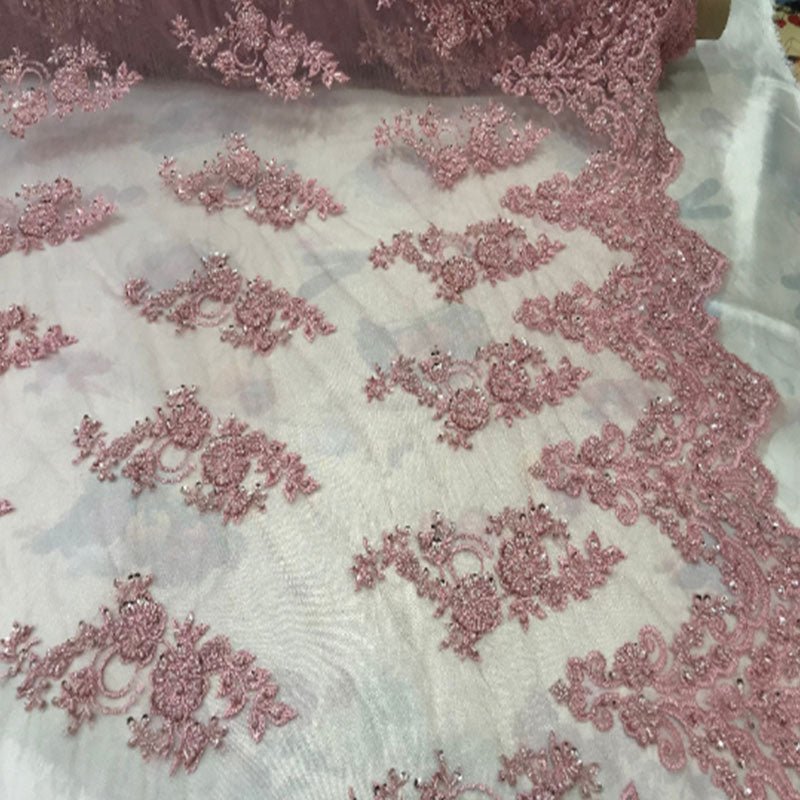 Floral Embroidered Bridal Wedding Beaded Mesh Lace FabricICEFABRICICE FABRICSRedFloral Embroidered Bridal Wedding Beaded Mesh Lace Fabric ICEFABRIC Dusty Rose