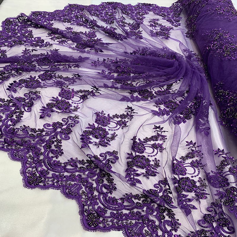 Floral Embroidered Bridal Wedding Beaded Mesh Lace FabricICEFABRICICE FABRICSPurpleFloral Embroidered Bridal Wedding Beaded Mesh Lace Fabric ICEFABRIC Purple