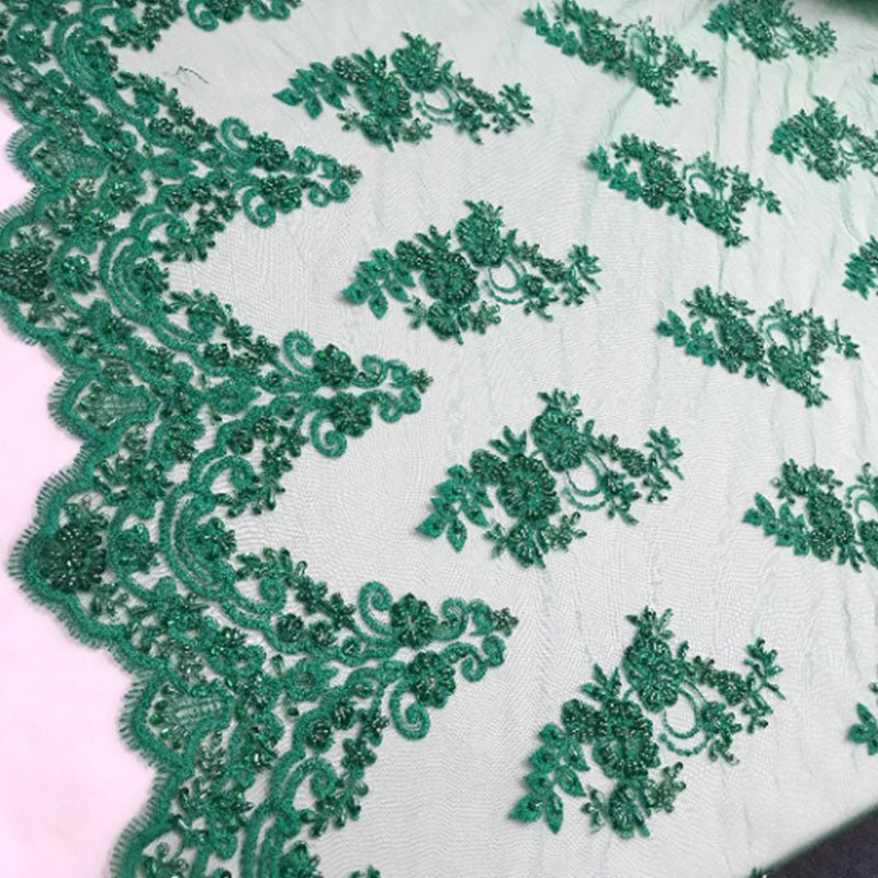 Floral Embroidered Bridal Wedding Beaded Mesh Lace FabricICEFABRICICE FABRICSTeal GreenFloral Embroidered Bridal Wedding Beaded Mesh Lace Fabric ICEFABRIC Teal Green