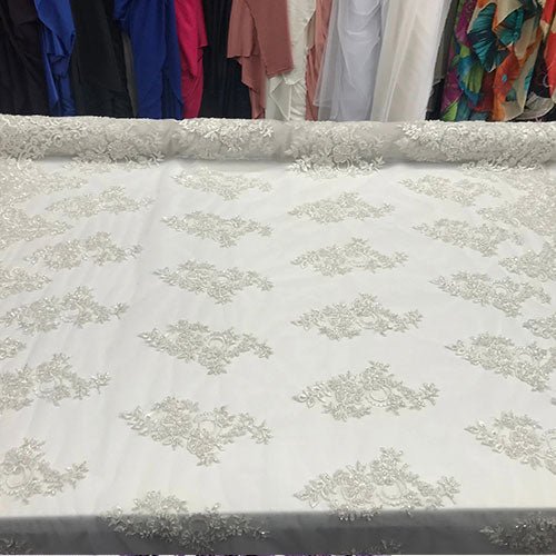 Floral Embroidered Bridal Wedding Beaded Mesh Lace FabricICEFABRICICE FABRICSPurpleFloral Embroidered Bridal Wedding Beaded Mesh Lace Fabric ICEFABRIC White