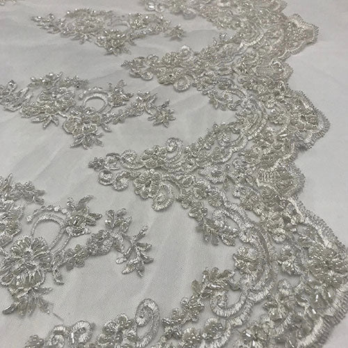 Floral Embroidered Bridal Wedding Beaded Mesh Lace FabricICEFABRICICE FABRICSWhiteFloral Embroidered Bridal Wedding Beaded Mesh Lace Fabric ICEFABRIC White