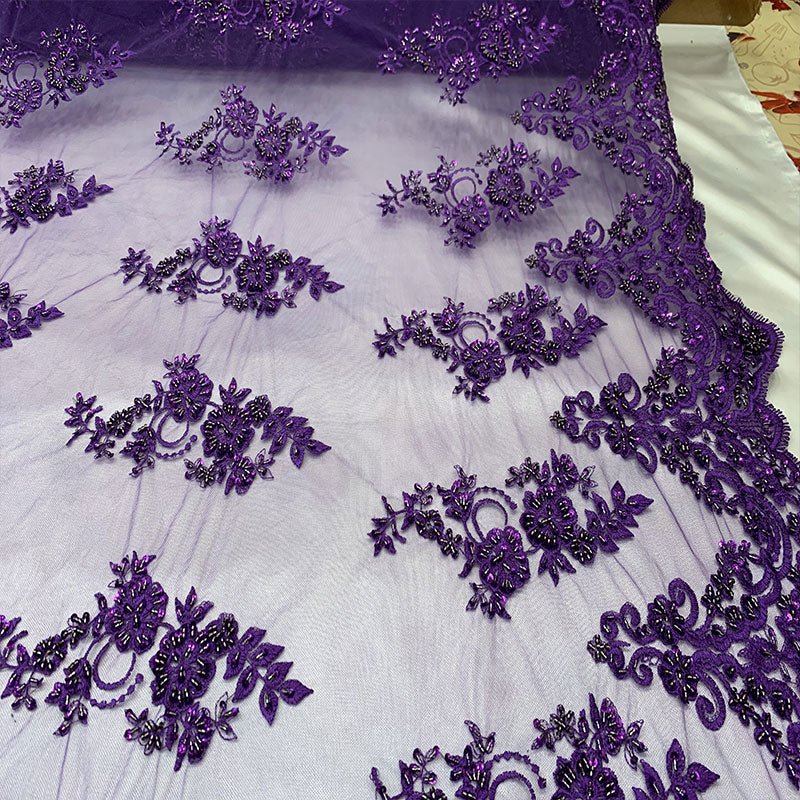 Floral Embroidered Bridal Wedding Beaded Mesh Lace FabricICEFABRICICE FABRICSPurpleFloral Embroidered Bridal Wedding Beaded Mesh Lace Fabric ICEFABRIC Purple