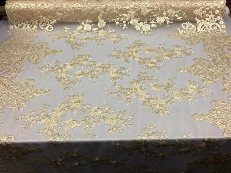 Floral Flower Mesh Lace Wedding Prom Dress Fabric By The YardICEFABRICICE FABRICSTaupeFloral Flower Mesh Lace Wedding Prom Dress Fabric By The Yard ICEFABRIC Gold