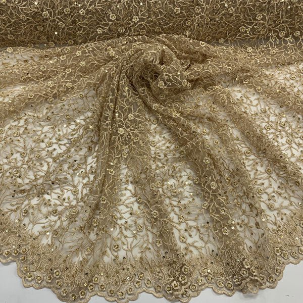 Floral Lace Beaded Fabric With Sequin On A Mesh By The YardICEFABRICICE FABRICSGoldFloral Lace Beaded Fabric With Sequin On A Mesh By The Yard ICEFABRIC Gold