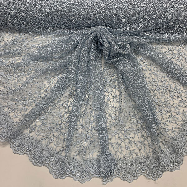Floral Lace Beaded Fabric With Sequin On A Mesh By The YardICEFABRICICE FABRICSSky BlueFloral Lace Beaded Fabric With Sequin On A Mesh By The Yard ICEFABRIC Sky Blue