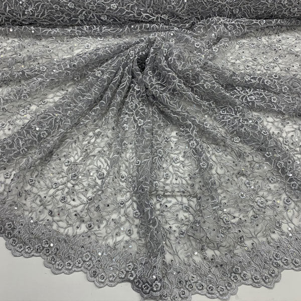 Floral Lace Beaded Fabric With Sequin On A Mesh By The YardICEFABRICICE FABRICSGrayFloral Lace Beaded Fabric With Sequin On A Mesh By The Yard ICEFABRIC Gray