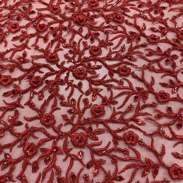 Floral Lace Beaded Fabric With Sequin On A Mesh By The YardICEFABRICICE FABRICSRedFloral Lace Beaded Fabric With Sequin On A Mesh By The Yard ICEFABRIC Red