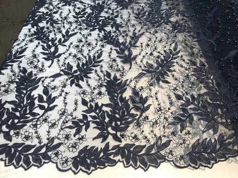 Floral Lace Fabric By the Yard_ Embroidered Beaded FabricICE FABRICSICE FABRICSPeachFloral Lace Fabric By the Yard_ Embroidered Beaded Fabric ICE FABRICS Navy Blue