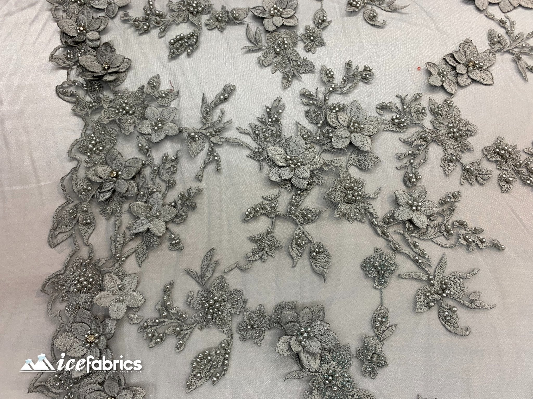 Flowers Embroidered Beaded Fabric/ Mesh Lace Fabric/ Bridal Fabric/ICE FABRICSICE FABRICSSilverFlowers Embroidered Beaded Fabric/ Mesh Lace Fabric/ Bridal Fabric/ ICE FABRICS Silver