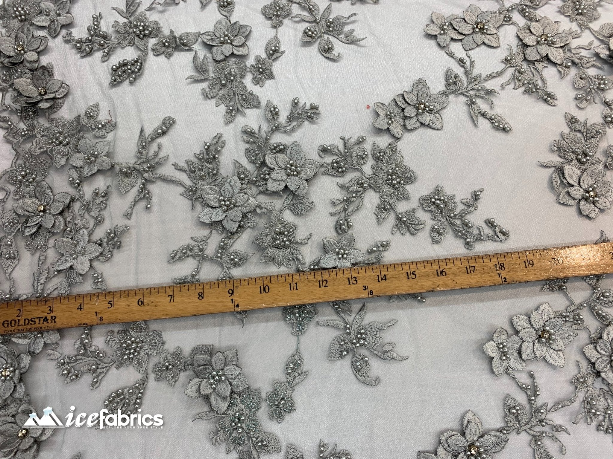 Flowers Embroidered Beaded Fabric/ Mesh Lace Fabric/ Bridal Fabric/ICE FABRICSICE FABRICSSilverFlowers Embroidered Beaded Fabric/ Mesh Lace Fabric/ Bridal Fabric/ ICE FABRICS Silver
