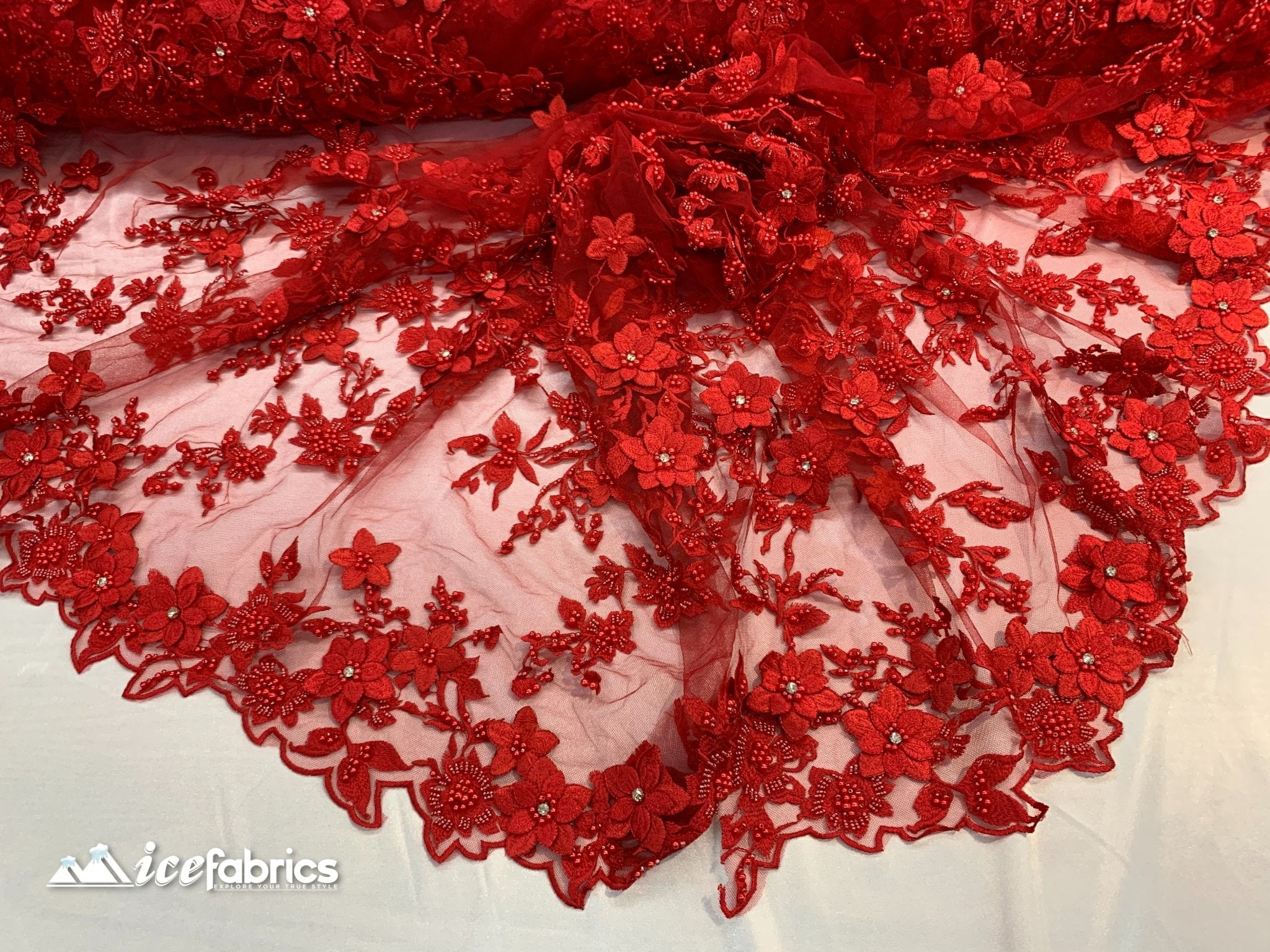 Flowers Embroidered Beaded Fabric/ Mesh Lace Fabric/ Bridal Fabric/ICE FABRICSICE FABRICSRedFlowers Embroidered Beaded Fabric/ Mesh Lace Fabric/ Bridal Fabric/ ICE FABRICS Red