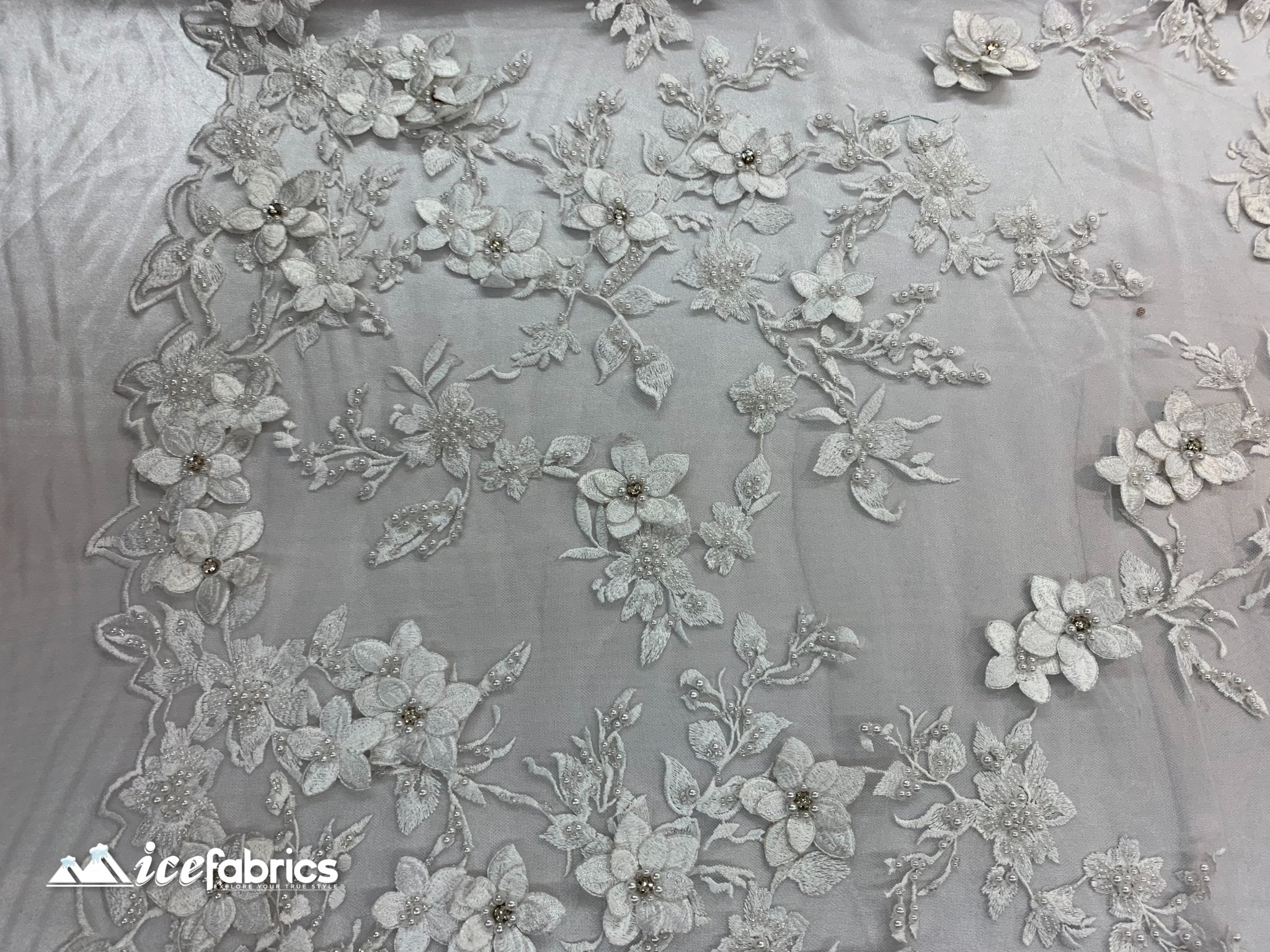 Flowers Embroidered Beaded Fabric/ Mesh Lace Fabric/ Bridal Fabric/ICE FABRICSICE FABRICSWhiteFlowers Embroidered Beaded Fabric/ Mesh Lace Fabric/ Bridal Fabric/ ICE FABRICS White