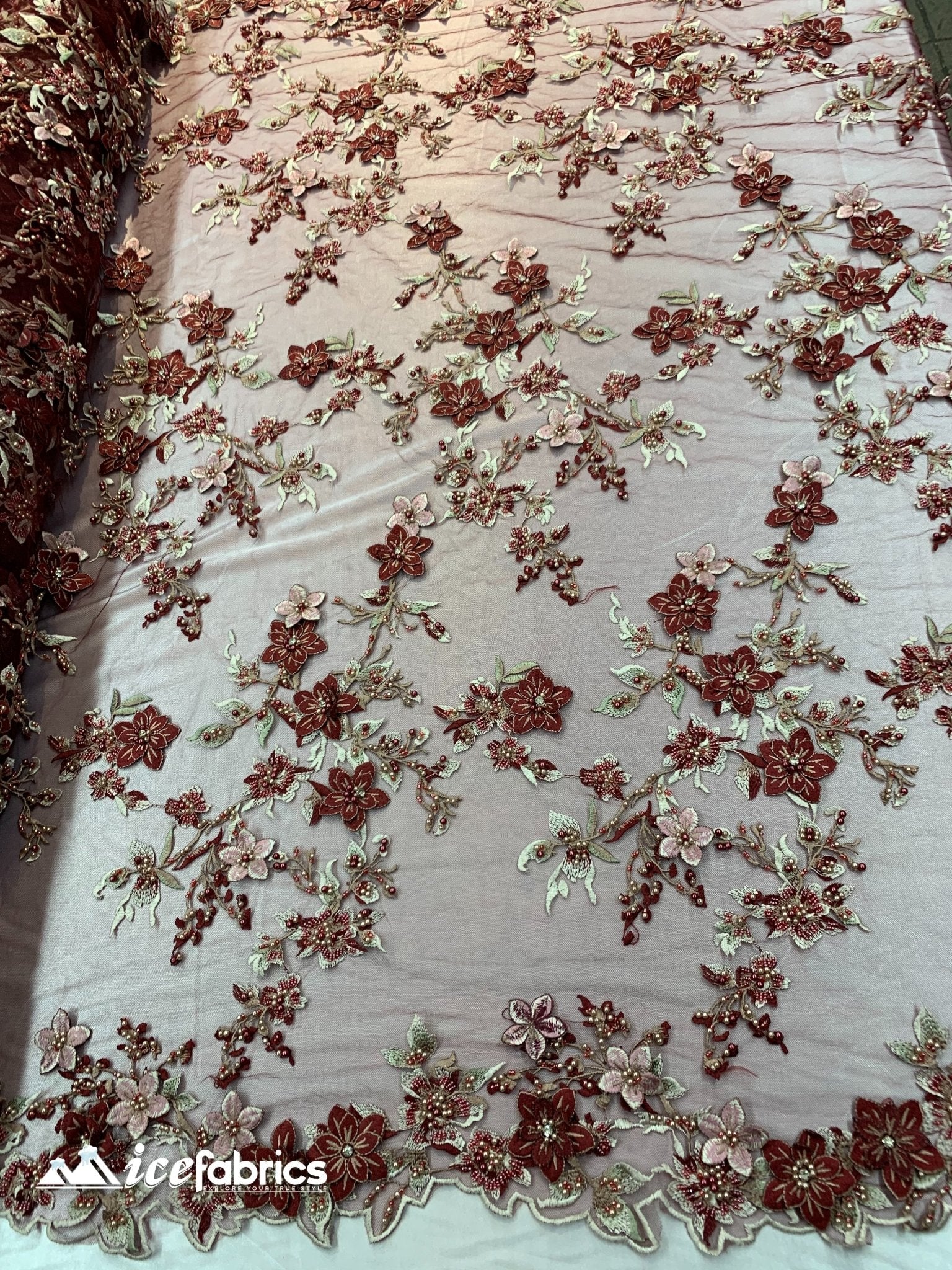 Flowers Embroidered Beaded Fabric/ Mesh Lace Fabric/ Bridal Fabric/ICE FABRICSICE FABRICSBurgundyFlowers Embroidered Beaded Fabric/ Mesh Lace Fabric/ Bridal Fabric/ ICE FABRICS Burgundy