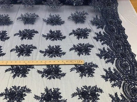 Flowers Floral Hand Beading Embroidery Lace Fabric By The YardICE FABRICSICE FABRICSNavy BlueFlowers Floral Hand Beading Embroidery Lace Fabric By The Yard ICE FABRICS Navy Blue