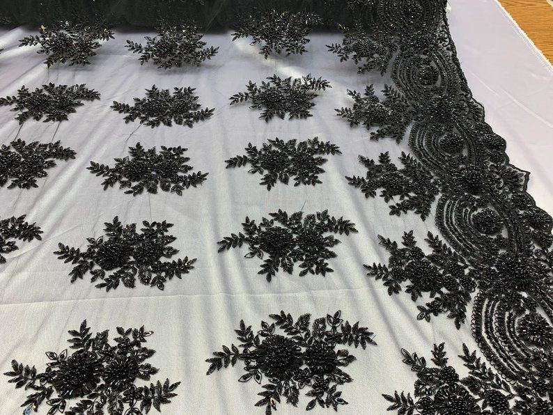 Flowers Floral Hand Beading Embroidery Lace Fabric By The YardICE FABRICSICE FABRICSBlackFlowers Floral Hand Beading Embroidery Lace Fabric By The Yard ICE FABRICS Black