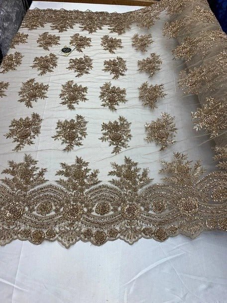 Flowers Floral Hand Beading Embroidery Lace Fabric By The YardICE FABRICSICE FABRICSTaupe/GoldFlowers Floral Hand Beading Embroidery Lace Fabric By The Yard ICE FABRICS Taupe/Gold