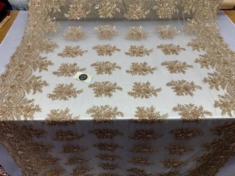 Flowers Floral Hand Beading Embroidery Lace Fabric By The YardICE FABRICSICE FABRICSTaupe/GoldFlowers Floral Hand Beading Embroidery Lace Fabric By The Yard ICE FABRICS Taupe/Gold