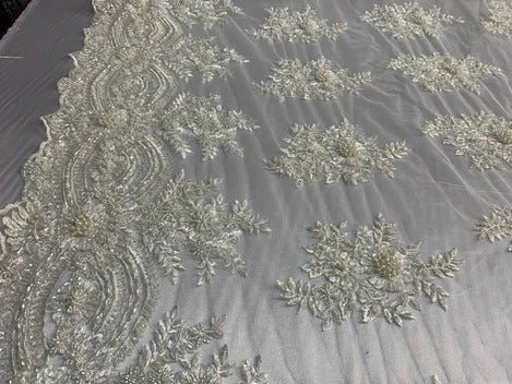 Flowers Floral Hand Beading Embroidery Lace Fabric By The YardICE FABRICSICE FABRICSPinkFlowers Floral Hand Beading Embroidery Lace Fabric By The Yard ICE FABRICS Off White