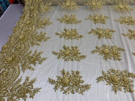 Flowers Floral Hand Beading Embroidery Lace Fabric By The YardICE FABRICSICE FABRICSBurgundyFlowers Floral Hand Beading Embroidery Lace Fabric By The Yard ICE FABRICS Gold