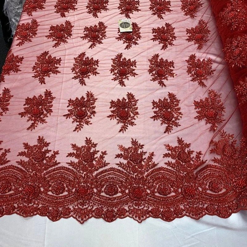 Flowers Floral Hand Beading Embroidery Lace Fabric By The YardICE FABRICSICE FABRICSRedFlowers Floral Hand Beading Embroidery Lace Fabric By The Yard ICE FABRICS Red