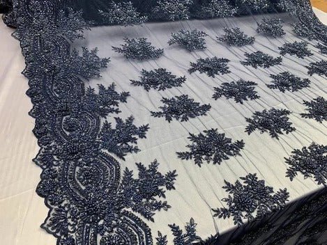 Flowers Floral Hand Beading Embroidery Lace Fabric By The YardICE FABRICSICE FABRICSNavy BlueFlowers Floral Hand Beading Embroidery Lace Fabric By The Yard ICE FABRICS Navy Blue