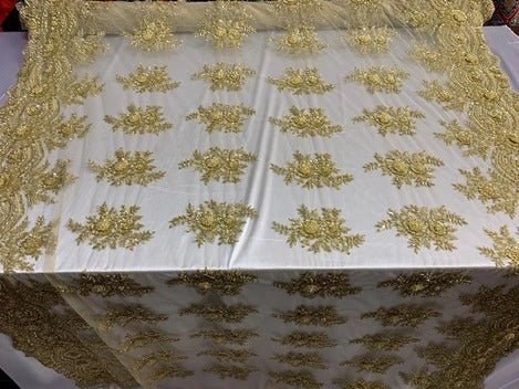 Flowers Floral Hand Beading Embroidery Lace Fabric By The YardICE FABRICSICE FABRICSBurgundyFlowers Floral Hand Beading Embroidery Lace Fabric By The Yard ICE FABRICS Gold