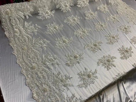 Flowers Floral Hand Beading Embroidery Lace Fabric By The YardICE FABRICSICE FABRICSPinkFlowers Floral Hand Beading Embroidery Lace Fabric By The Yard ICE FABRICS Off White