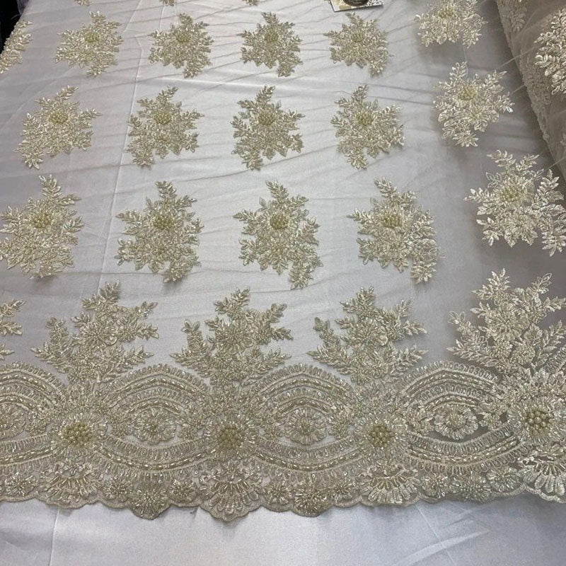 Flowers Floral Hand Beading Embroidery Lace Fabric By The YardICE FABRICSICE FABRICSIvoryFlowers Floral Hand Beading Embroidery Lace Fabric By The Yard ICE FABRICS Ivory