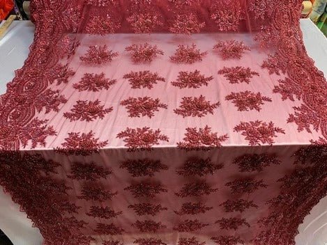 Flowers Floral Hand Beading Embroidery Lace Fabric By The YardICE FABRICSICE FABRICSBurgundyFlowers Floral Hand Beading Embroidery Lace Fabric By The Yard ICE FABRICS Burgundy