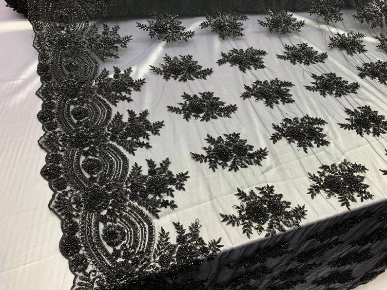 Flowers Floral Hand Beading Embroidery Lace Fabric By The YardICE FABRICSICE FABRICSBlackFlowers Floral Hand Beading Embroidery Lace Fabric By The Yard ICE FABRICS Black
