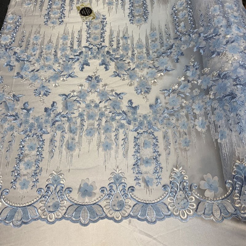 French 3D Flowers/Floral Design Embroidered Mesh Lace Fabric By YardICEFABRICICE FABRICSBlue/WhiteFrench 3D Flowers/Floral Design Embroidered Mesh Lace Fabric By Yard ICEFABRIC Blue/White