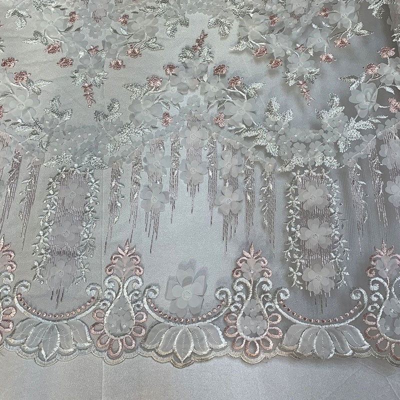 French 3D Flowers/Floral Design Embroidered Mesh Lace Fabric By YardICEFABRICICE FABRICSLavender/PurpleFrench 3D Flowers/Floral Design Embroidered Mesh Lace Fabric By Yard ICEFABRIC Pink/White