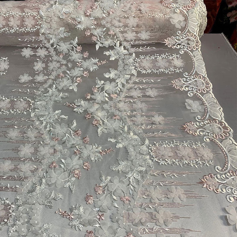 French 3D Flowers/Floral Design Embroidered Mesh Lace Fabric By YardICEFABRICICE FABRICSPink/WhiteFrench 3D Flowers/Floral Design Embroidered Mesh Lace Fabric By Yard ICEFABRIC Pink/White