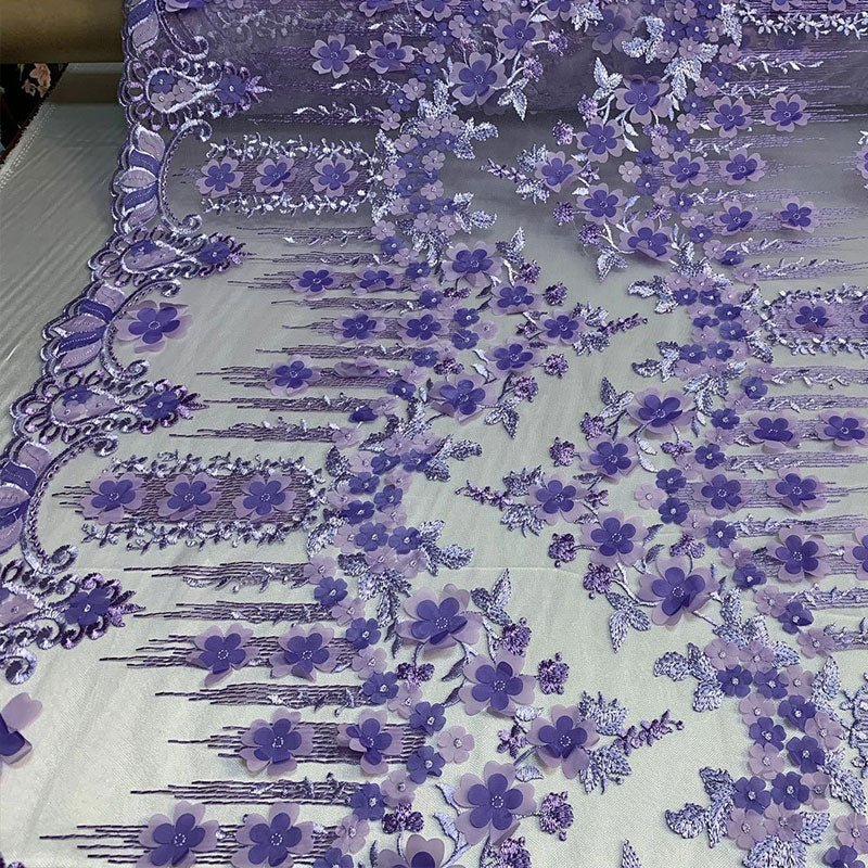 French 3D Flowers/Floral Design Embroidered Mesh Lace Fabric By YardICEFABRICICE FABRICSLavender/PurpleFrench 3D Flowers/Floral Design Embroidered Mesh Lace Fabric By Yard ICEFABRIC Lavender/Purple