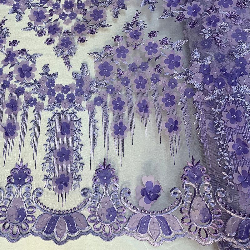 French 3D Flowers/Floral Design Embroidered Mesh Lace Fabric By YardICEFABRICICE FABRICSIvory/WhiteFrench 3D Flowers/Floral Design Embroidered Mesh Lace Fabric By Yard ICEFABRIC Lavender/Purple
